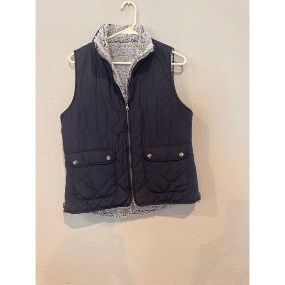 Women Reversible Quilted Vest with Grey Sherpa Fleece Lining Full Zip Navy Blue - Picture 1 of 3